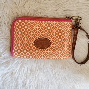 FOSSIL Orange & Pink Coated Canvas Zip Around Wristlet new condition